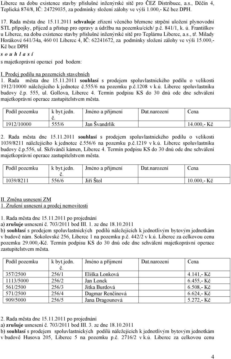 ržbu na pozemku/cích/ p.č. 841/1, k. ú. Františkov u Liberce, na dobu existence stavby příslušné inženýrské sítě pro Teplárnu Liberec, a.s., tř.