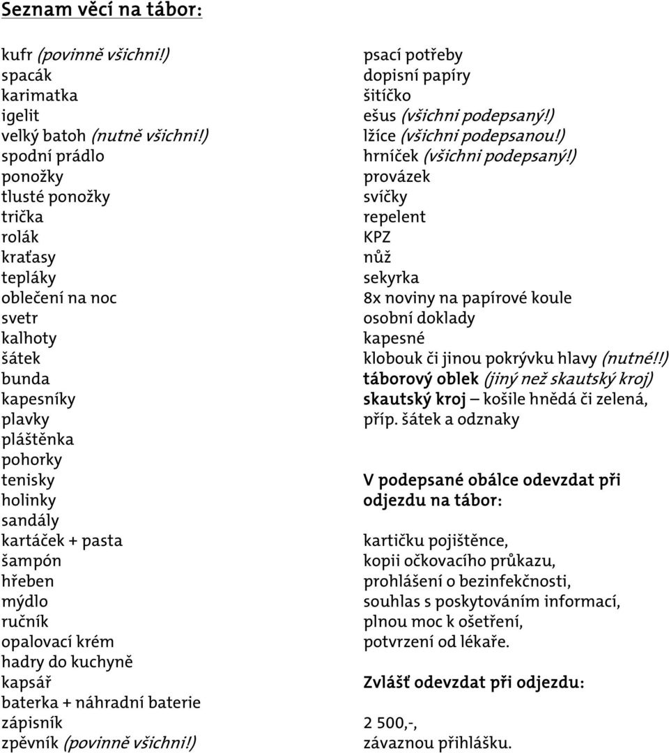 mýdlo ručník opalovací krém hadry do kuchyně kapsář baterka + náhradní baterie zápisník zpěvník (povinně všichni!) psací potřeby dopisní papíry šitíčko ešus (všichni podepsaný!