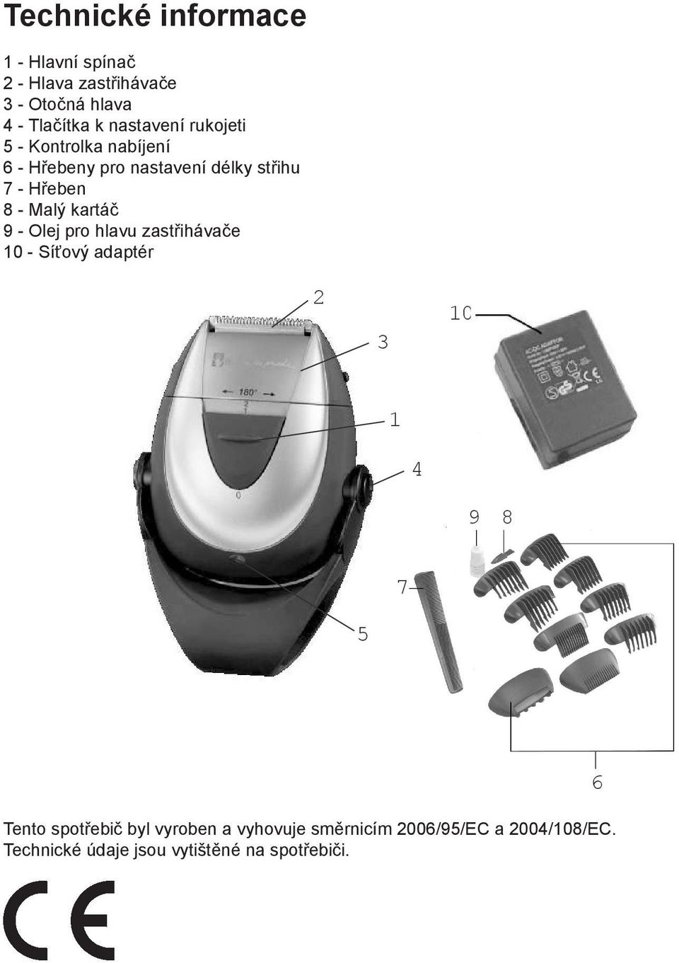 Malý kartáč 9 - Olej pro hlavu zastřihávače 10 - Síťový adaptér 2 3 10 1 4 9 8 7 5 Tento spotřebič