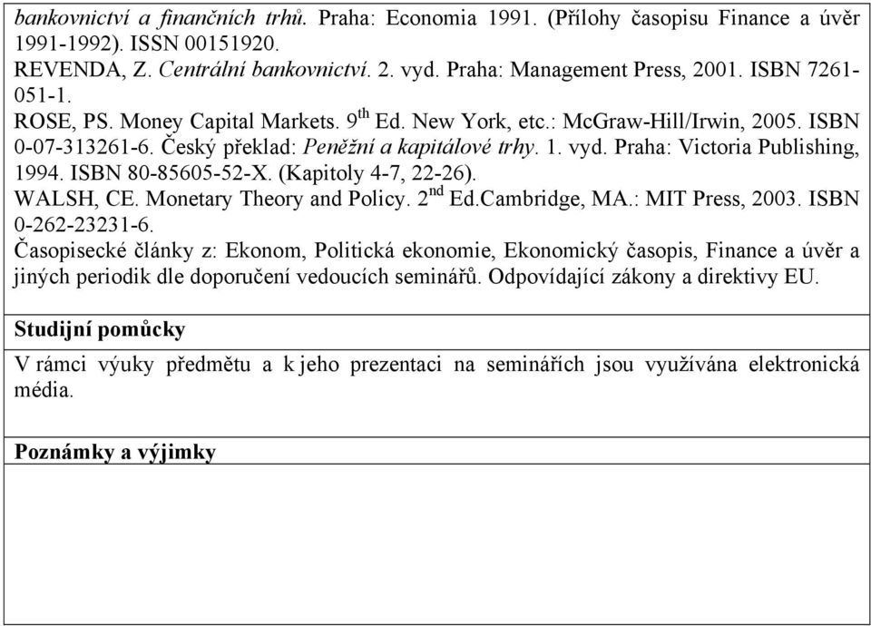 Praha: Victoria Publishing, 1994. ISBN 80-85605-52-X. (Kapitoly 4-7, 22-26). WALSH, CE. Monetary Theory and Policy. 2 nd Ed.Cambridge, MA.: MIT Press, 2003. ISBN 0-262-23231-6.