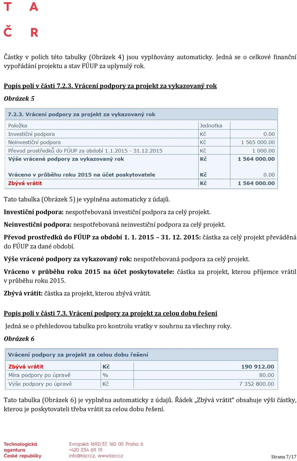 Neinvestiční podpora: nespotřebovaná neinvestiční podpora za celý projekt. Převod prostředků do FÚUP za období 1. 1. 2015 31. 12. 2015: částka za celý projekt převáděná do FÚUP za dané období.