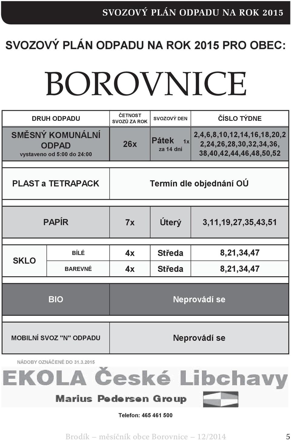 38,40,42,44,46,48,50,52 PLAST a TETRAPACK Termín dle objednání OÚ PAPÍR 7x Úterý 3,11,19,27,35,43,51 SKLO BÍLÉ 4x St eda BAREVNÉ 4x St eda