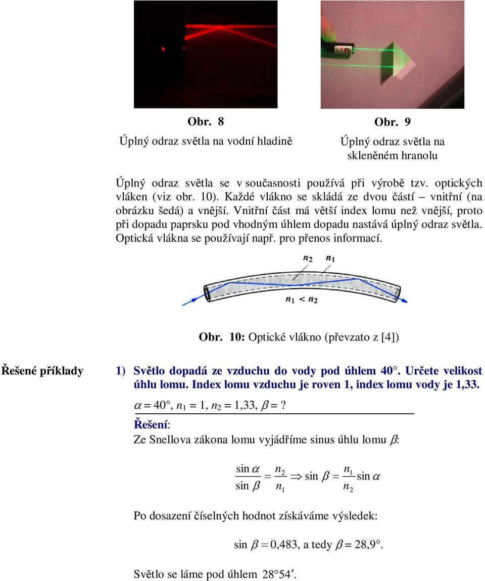 Optická vláka se používají ap. pro peos iforací. Obr. 0: Optické vláko (pevzato z [4]) ešeé píklady ) Svtlo dopadá ze vzduchu do vody pod úhle 40. Urete velikost úhlu lou.