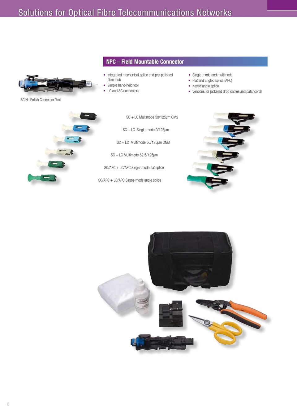 Versions for jacketed drop cables and patchcords SC No Polish Connector Tool SC + LC Multimode 50/125µm OM2 SC + LC Single-mode