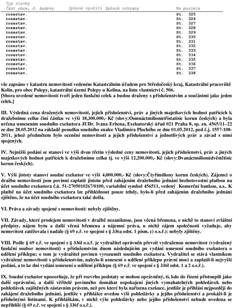 Výsledná cena dražených nemovitostí, jejich příslušenství, práv a jiných majetkových hodnot patřících k dražebnímu celku činí částku ve výši 18,300.