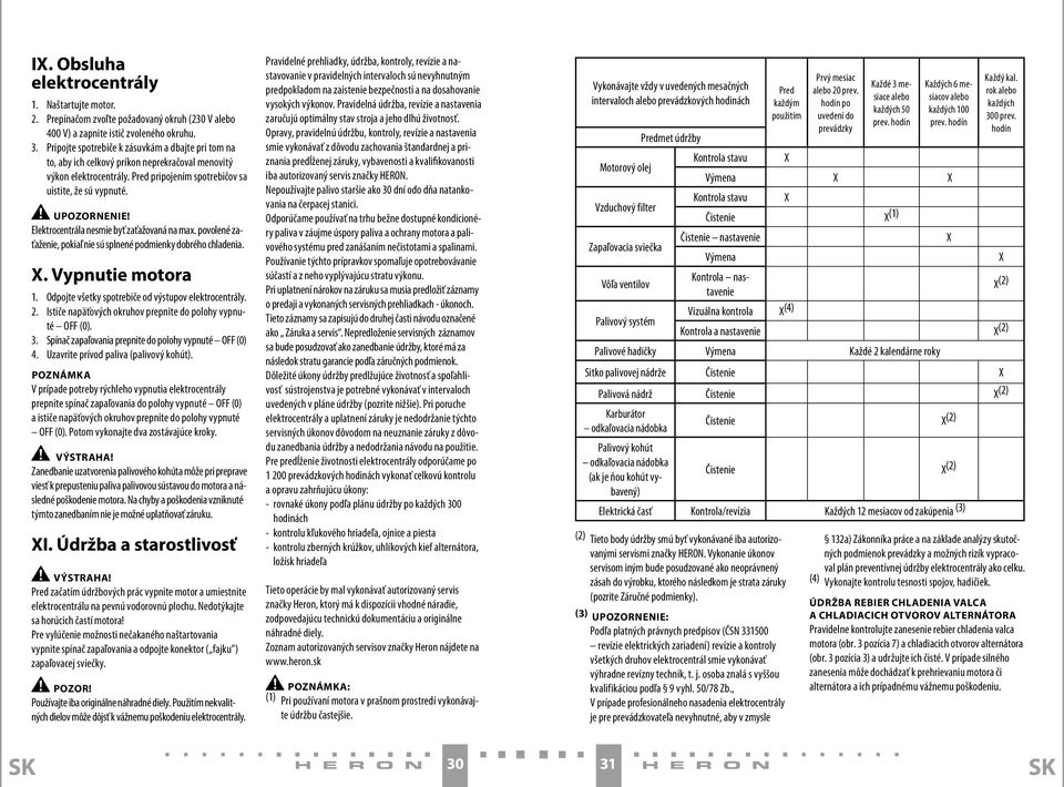 Elektrocentrála nesmie byť zaťažovaná na max. povolené zaťaženie, pokiaľ nie sú splnené podmienky dobrého chladenia. X. Vypnutie motora 1. Odpojte všetky spotrebiče od výstupov elektrocentrály. 2.