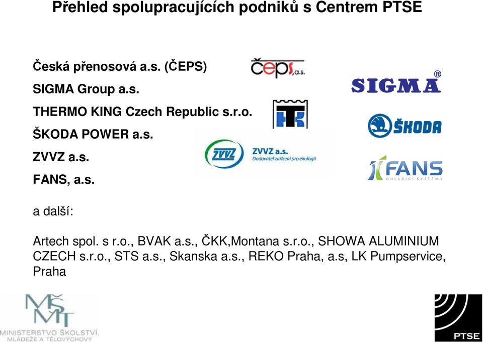s r.o., BVAK a.s., ČKK,Montana s.r.o., SHOWA ALUMINIUM CZECH s.r.o., STS a.s., Skanska a.
