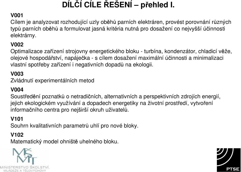 zařízení i negativních dopadů na ekologii. V003 Zvládnutí experimentálních metod DÍLČÍ CÍLE ŘEŠENÍ přehled I.