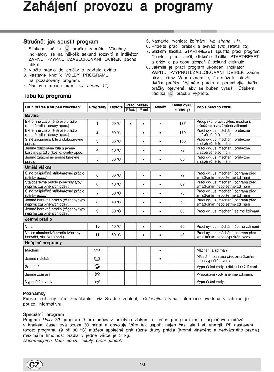 Nastavte knoflík VOLBY PROGRAMŮ na požadovaný program. 4. Nastavte teplotu praní (viz strana 11). Tabulka programù 5. Nastavte rychlost ždímání (viz strana 11). 6.