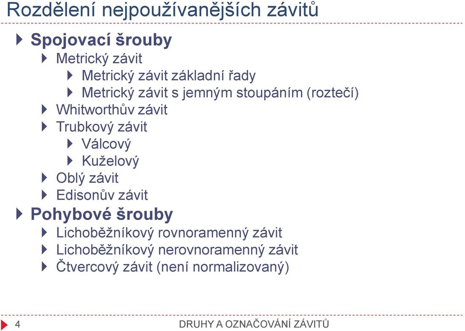 závit Válcový Kuželový Oblý závit Edisonův závit Pohybové šrouby Lichoběžníkový