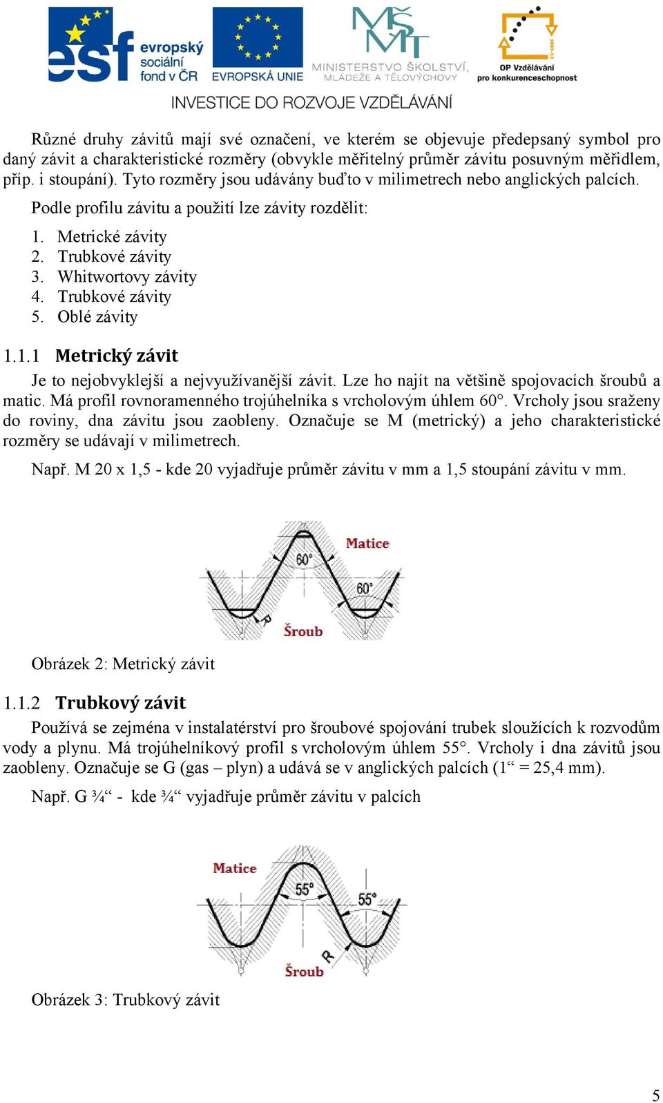 Trubkové závity 5. Oblé závity 1.1.1 Metrický závit Je to nejobvyklejší a nejvyužívanější závit. Lze ho najít na většině spojovacích šroubů a matic.