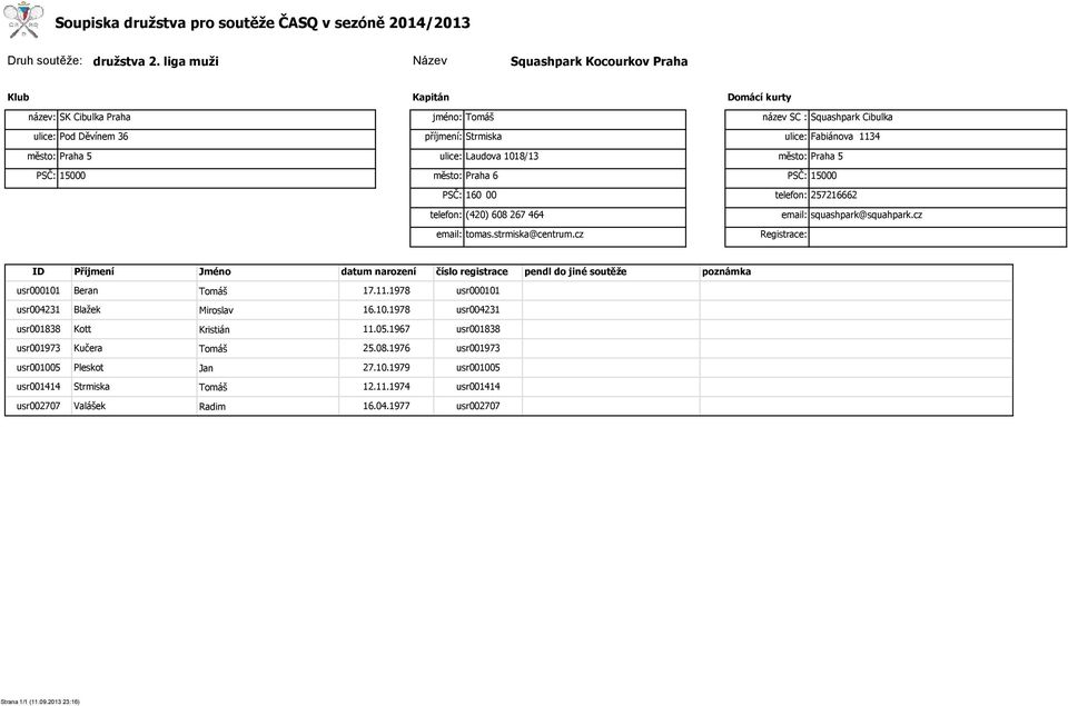 cz ID usr000101 usr004231 usr001838 usr001973 usr001005 usr001414 usr002707 Příjmení Beran Blažek Kott Kučera Pleskot Strmiska Valášek Jméno Tomáš Miroslav Kristián Tomáš Jan Tomáš Radim datum