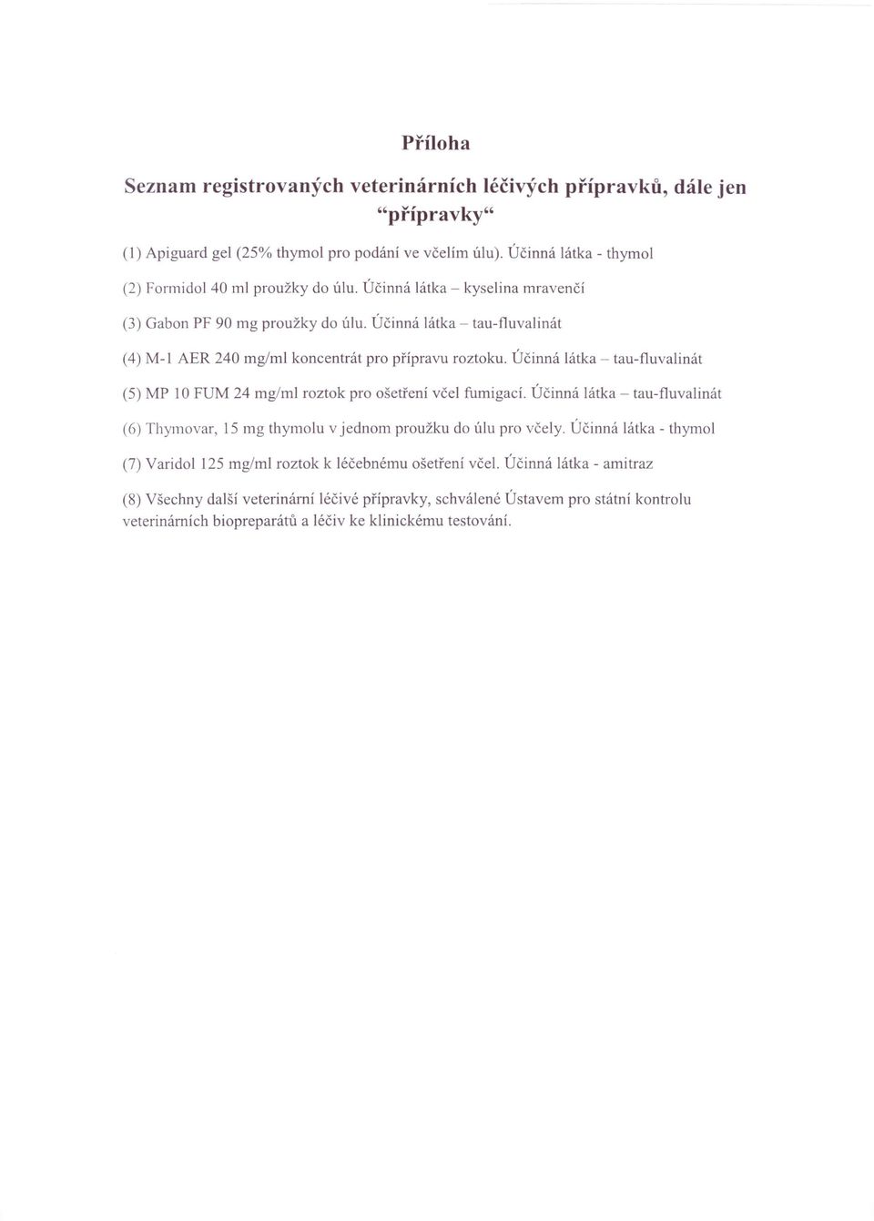 Účinná látka - tau-tluvalinát (4) M-l AER 240 mg/ml koncentrát pro přípravu roztoku. Účinná látka - tau-fluvalinát (5) MP 10 FUM 24 mg/ml roztok pro ošetření včel fumigací.