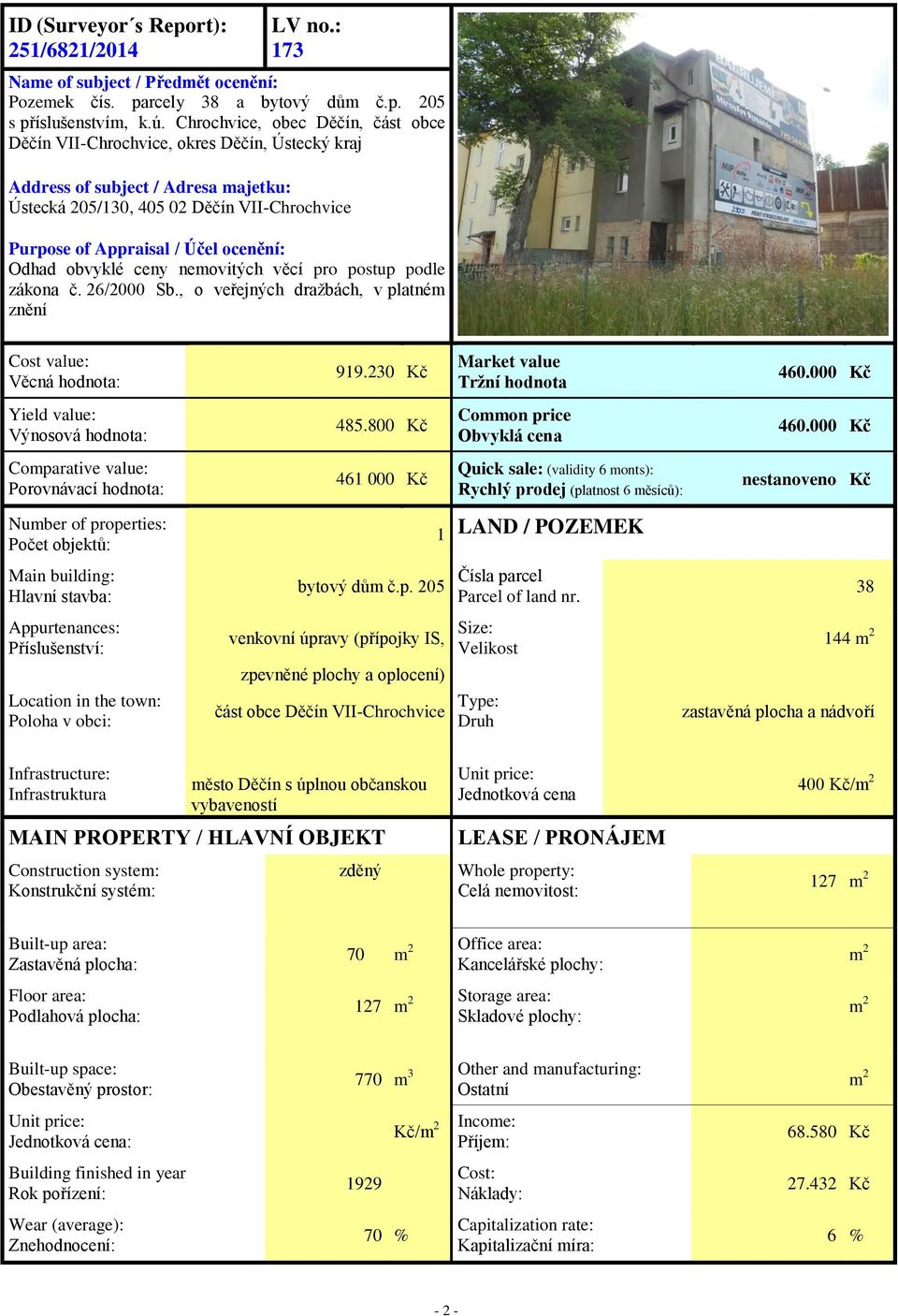 ocenění: Odhad obvyklé ceny nemovitých věcí pro postup podle zákona č. 26/2000 Sb., o veřejných dražbách, v platném znění Cost value: Věcná hodnota: 919.230 Kč Market value Tržní hodnota 460.