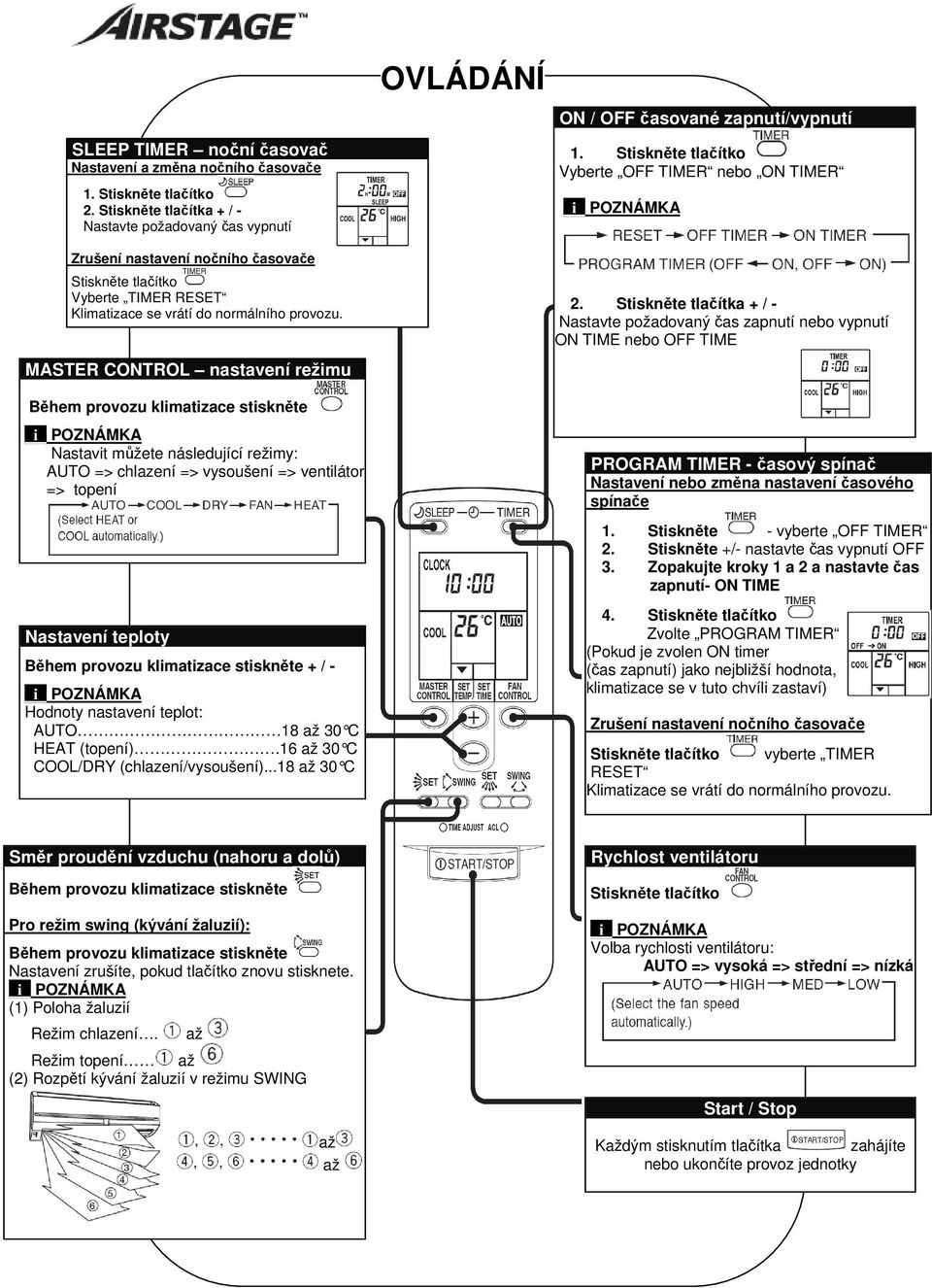 MASTER CONTROL nastavení režimu Během provozu klimatizace stiskněte Nastavit můžete následující režimy: AUTO => chlazení => vysoušení => ventilátor => topení Nastavení teploty Během provozu