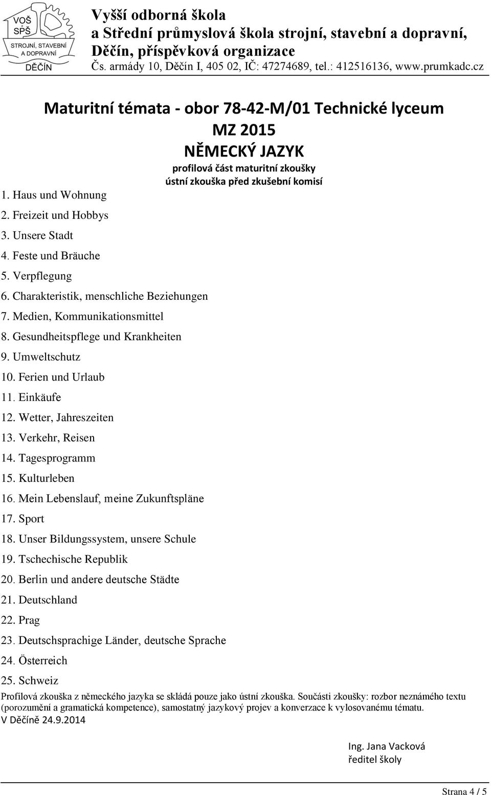 Mein Lebenslauf, meine Zukunftspläne 17. Sport 18. Unser Bildungssystem, unsere Schule 19. Tschechische Republik 20. Berlin und andere deutsche Städte 21. Deutschland 22. Prag 23.