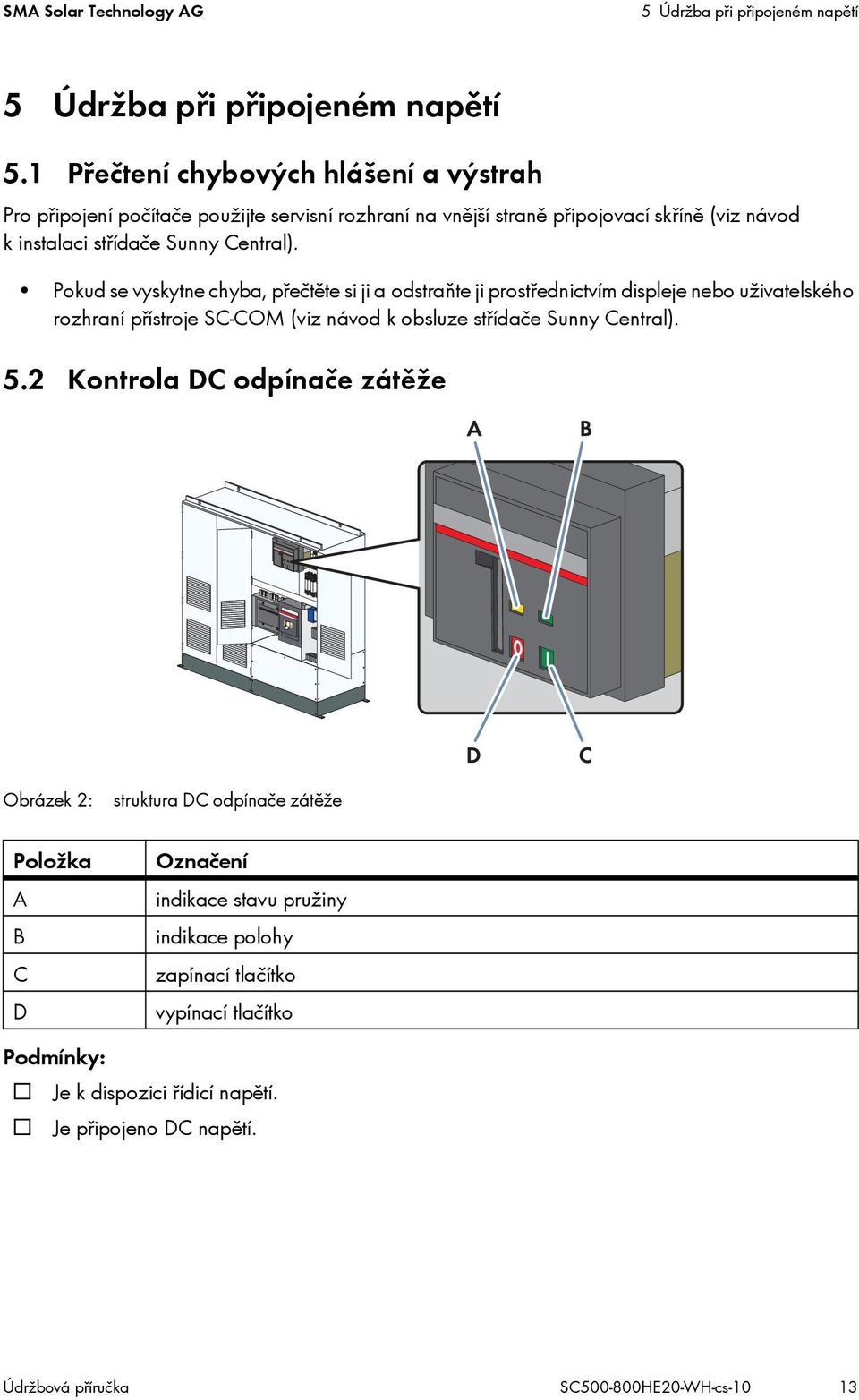 Pokud se vyskytne chyba, přečtěte si ji a odstraňte ji prostřednictvím displeje nebo uživatelského rozhraní přístroje SC-COM (viz návod k obsluze střídače Sunny Central). 5.