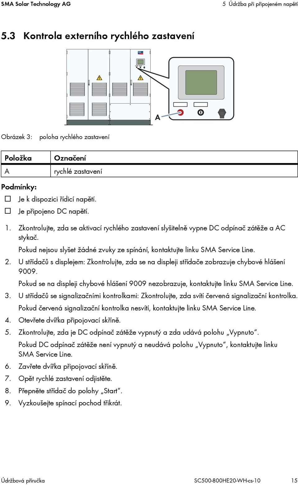 Zkontrolujte, zda se aktivací rychlého zastavení slyšitelně vypne DC odpínač zátěže a AC stykač. Pokud nejsou slyšet žádné zvuky ze spínání, kontaktujte linku SMA Service Line. 2.