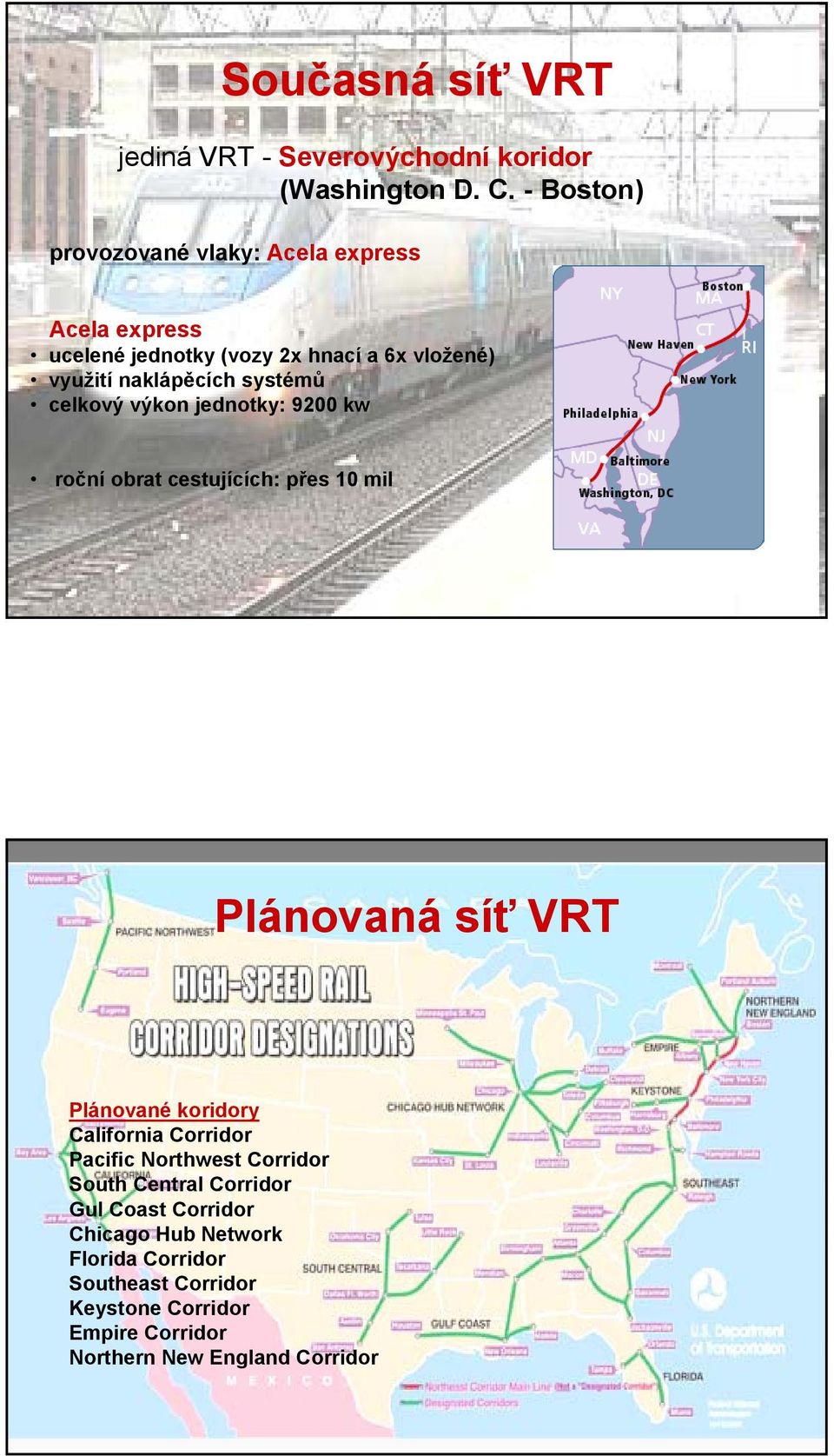 systémů celkový výkon jednotky: 9200 kw roční obrat cestujících: přes 10 mil Plánované koridory California Corridor Pacific