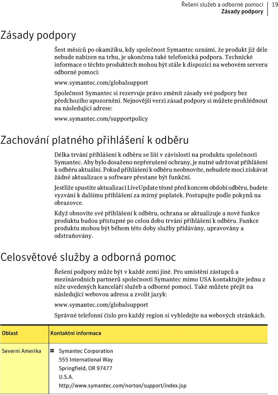 com/globalsupport Společnost Symantec si rezervuje právo změnit zásady své podpory bez předchozího upozornění. Nejnovější verzi zásad podpory si můžete prohlédnout na následující adrese: www.symantec.