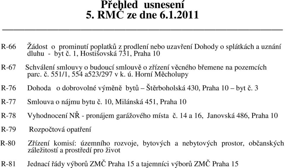 Horní Měcholupy R-76 Dohoda o dobrovolné výměně bytů Štěrboholská 430, Praha 10 byt č. 3 R-77 Smlouva o nájmu bytu č.