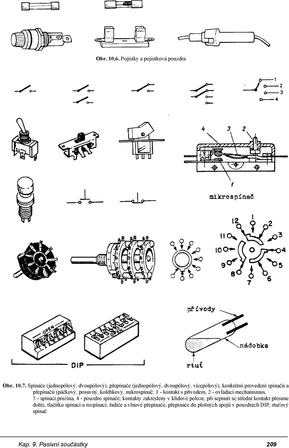 posuvný, kolébkový, mikrospínač: 1 - kontakt s přívodem, 2 - ovládací mechanismus, 3 - spínací pružina, 4 - pouzdro spínače; kontakty