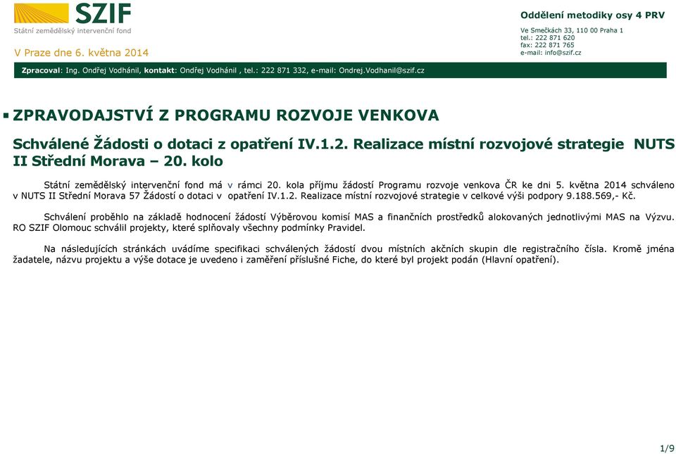 kolo Státní zemědělský intervenční fond má v rámci 20. kola příjmu žádostí Programu rozvoje venkova ČR ke dni 5. května 2014 schváleno v NUTS II Střední Morava 57 Žádostí o dotaci v IV.1.2. Realizace místní rozvojové strategie v celkové výši podpory 9.