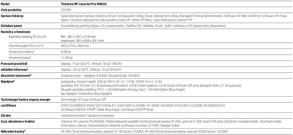 Utility, Managed Printing Administrator); Software HP Web JetAdmin; Software HP Proxy Agent; Centrum zabezpečení zobrazování a tisku HP; Utilita HP (Mac); Sada nástrojů pro zařízení HP Dvouřádkový