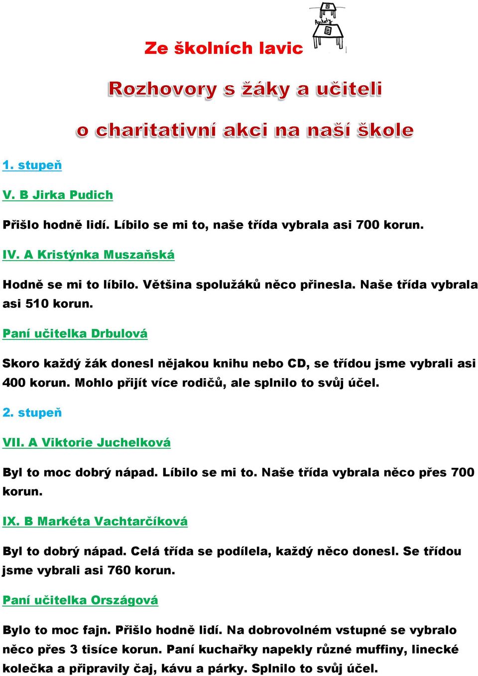 stupeň VII. A Viktorie Juchelková Byl to moc dobrý nápad. Líbilo se mi to. Naše třída vybrala něco přes 700 korun. IX. B Markéta Vachtarčíková Byl to dobrý nápad.