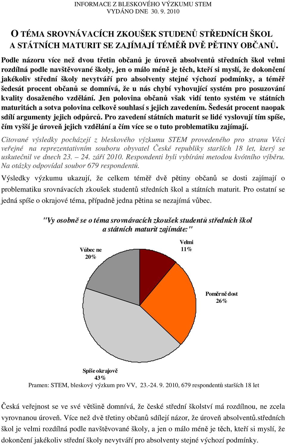 nevytváří pro absolventy stejné výchozí podmínky, a téměř šedesát procent občanů se domnívá, že u nás chybí vyhovující systém pro posuzování kvality dosaženého vzdělání.