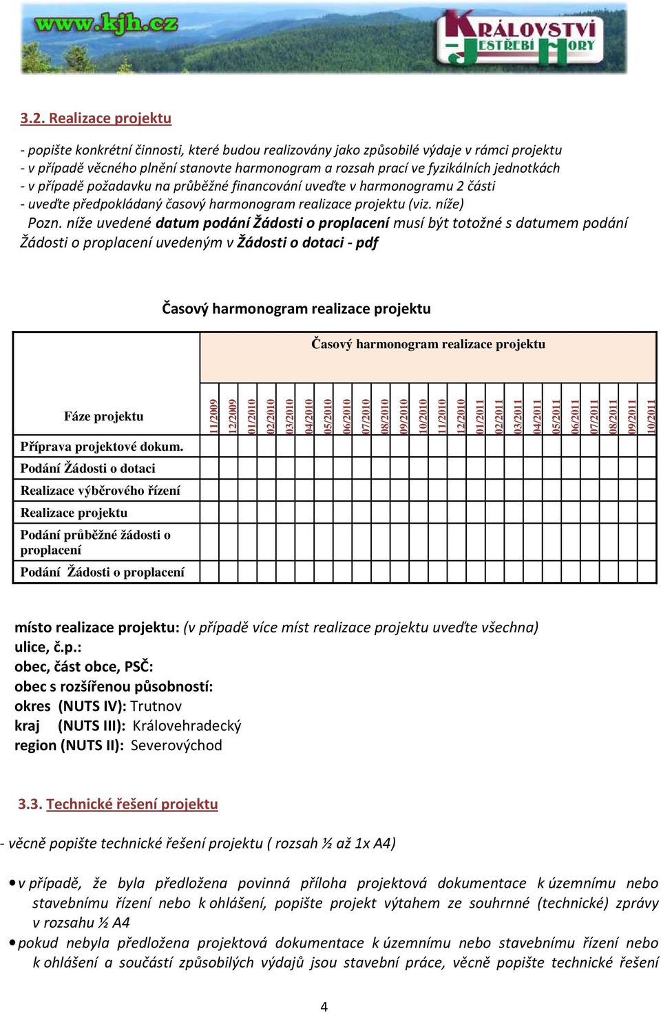 níže uvedené datum podání Žádosti o proplacení musí být totožné s datumem podání Žádosti o proplacení uvedeným v Žádosti o dotaci - pdf Časový harmonogram realizace projektu Časový harmonogram