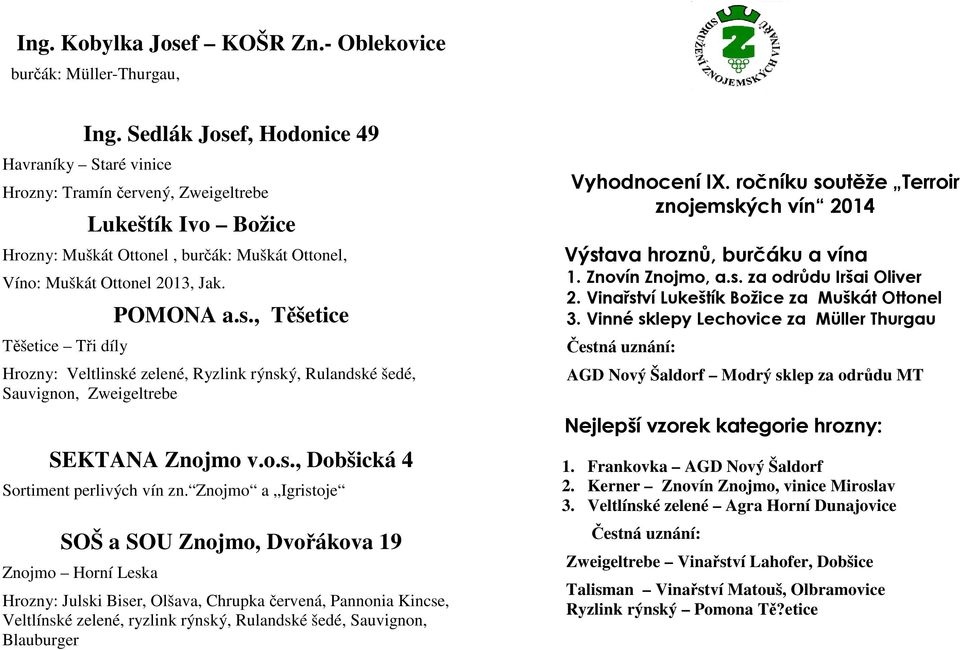 Těšetice Tři díly POMONA a.s., Těšetice Hrozny: Veltlinské zelené, Ryzlink rýnský, Rulandské šedé, Sauvignon, Zweigeltrebe SEKTANA Znojmo v.o.s., Dobšická 4 Sortiment perlivých vín zn.