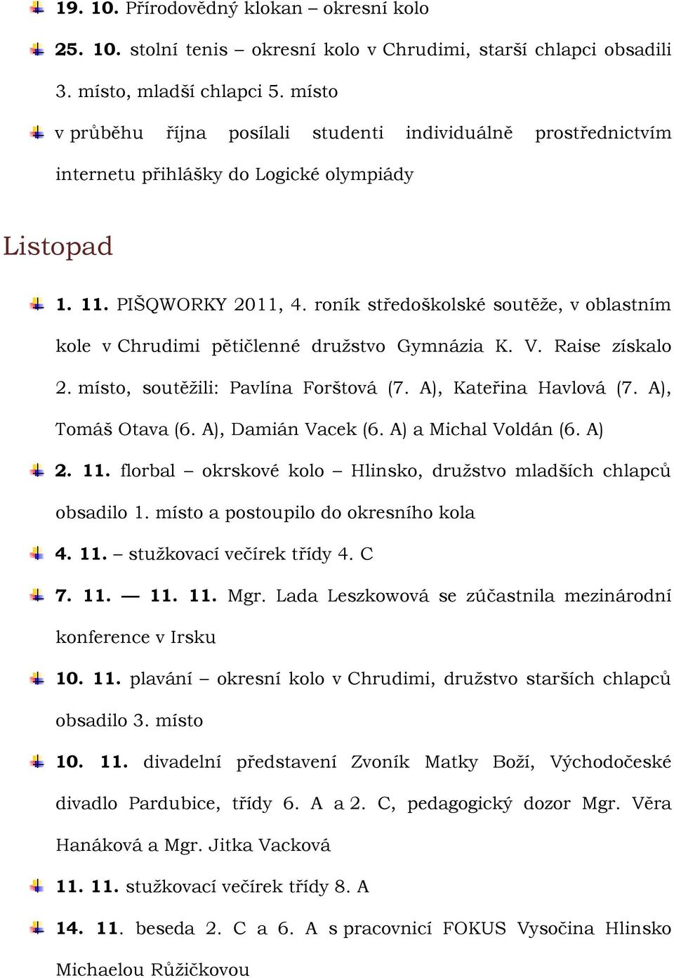 roník středoškolské soutěže, v oblastním kole v Chrudimi pětičlenné družstvo Gymnázia K. V. Raise získalo 2. místo, soutěžili: Pavlína Forštová (7. A), Kateřina Havlová (7. A), Tomáš Otava (6.