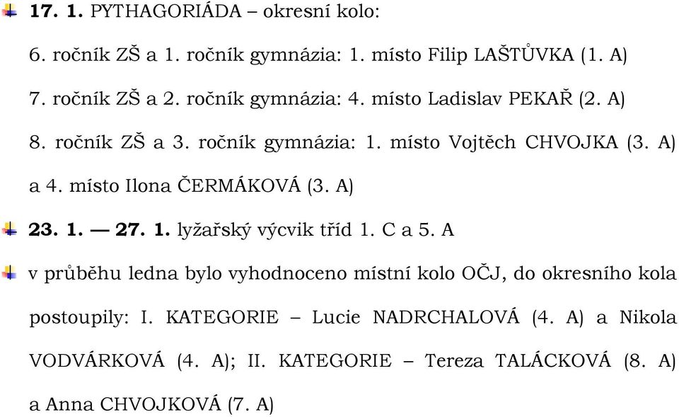 místo Ilona ČERMÁKOVÁ (3. A) 23. 1. 27. 1. lyžařský výcvik tříd 1. C a 5.