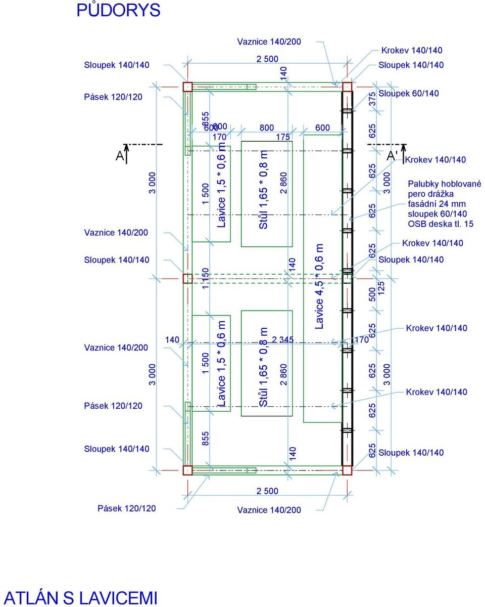 PŮDORYS 2 500 Pásek 120/120 Sloupek 60/140 A 600 600 170 800 175 600 A' Palubky hoblované pero drážka
