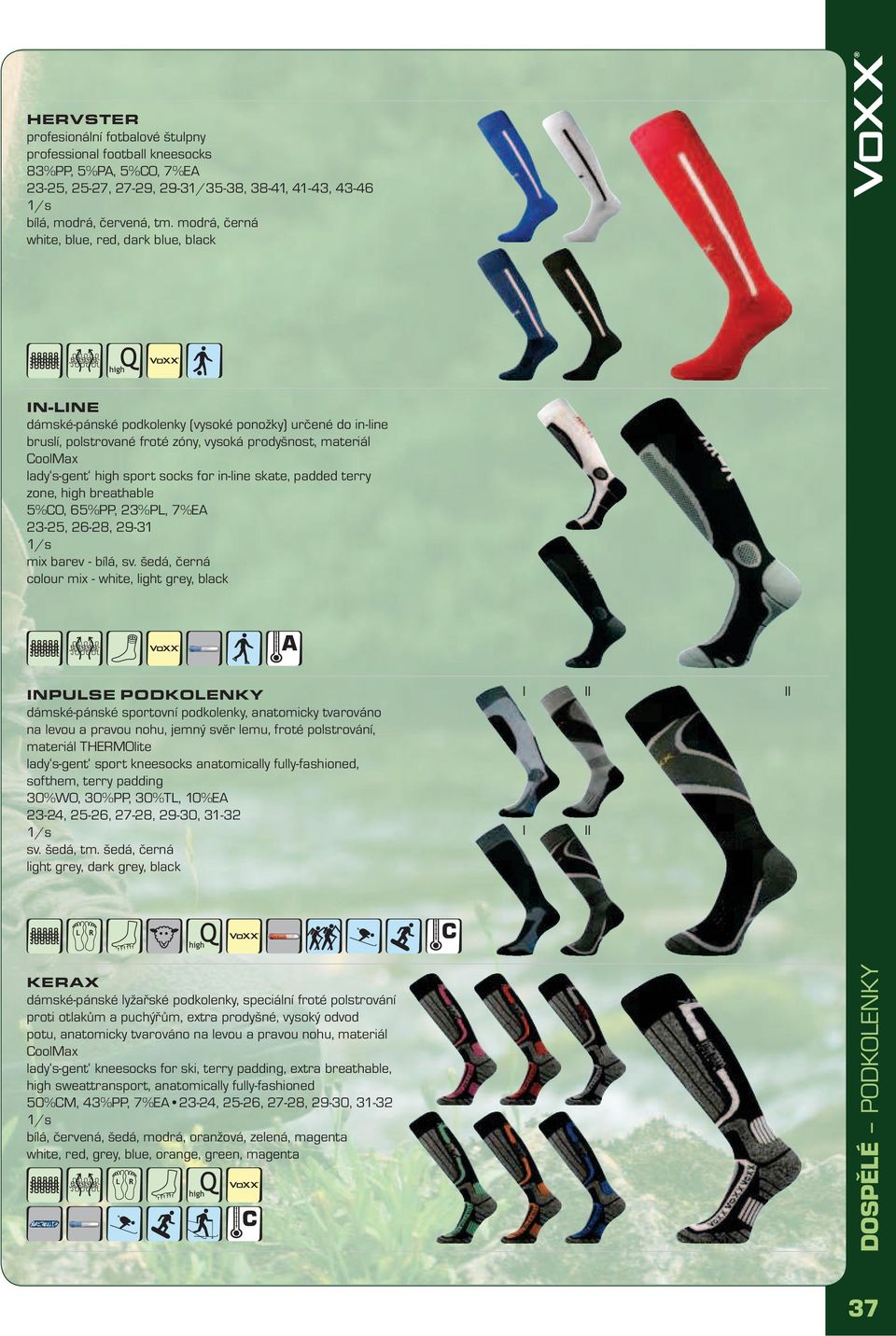socks for in-line skate, padded terry zone, high breathable 5%CO, 65%PP, 23%PL, 7%EA 23-25, 26-28, 29-31 mix barev - bílá, sv.