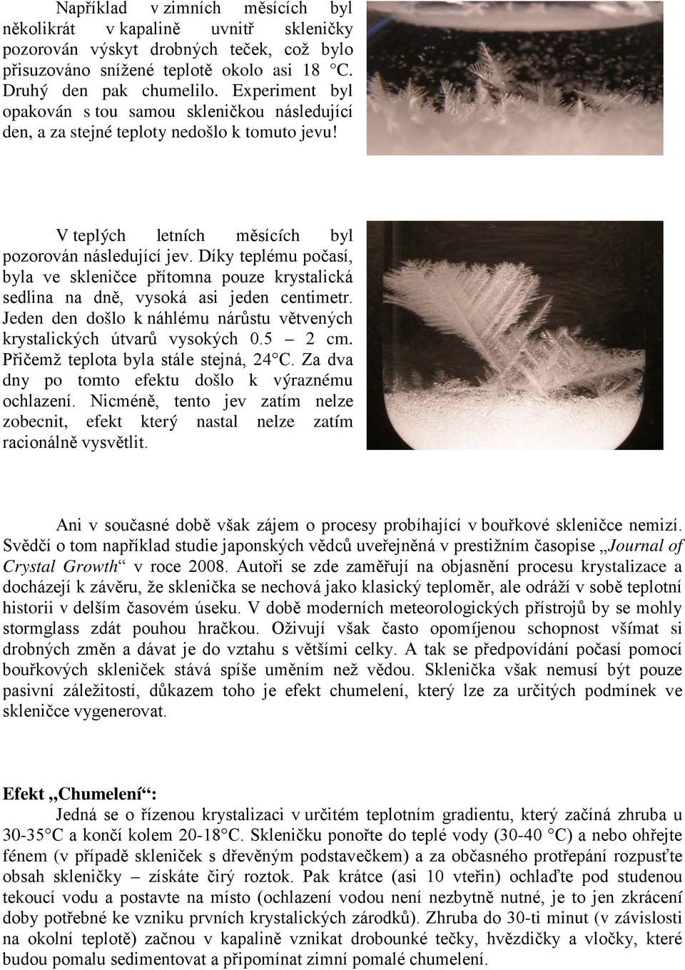 Díky teplému počasí, byla ve skleničce přítomna pouze krystalická sedlina na dně, vysoká asi jeden centimetr. Jeden den došlo k náhlému nárůstu větvených krystalických útvarů vysokých 0.5 2 cm.