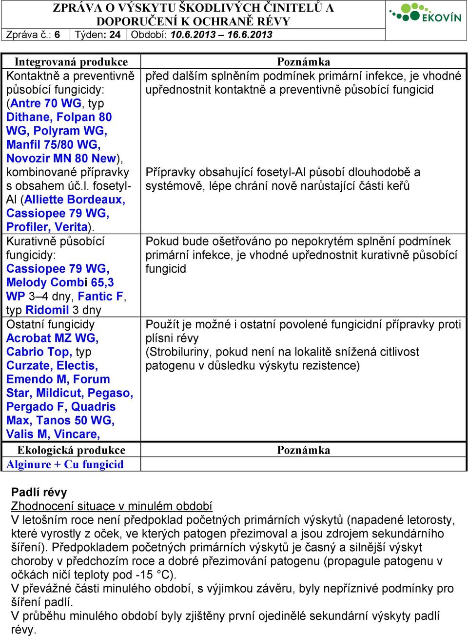 Mildicut, Pegaso, Pergado F, Quadris Max, Tanos 50 WG, Valis M, Vincare, Ekologická produkce Alginure + Cu fungicid před dalším splněním podmínek primární infekce, je vhodné upřednostnit kontaktně a