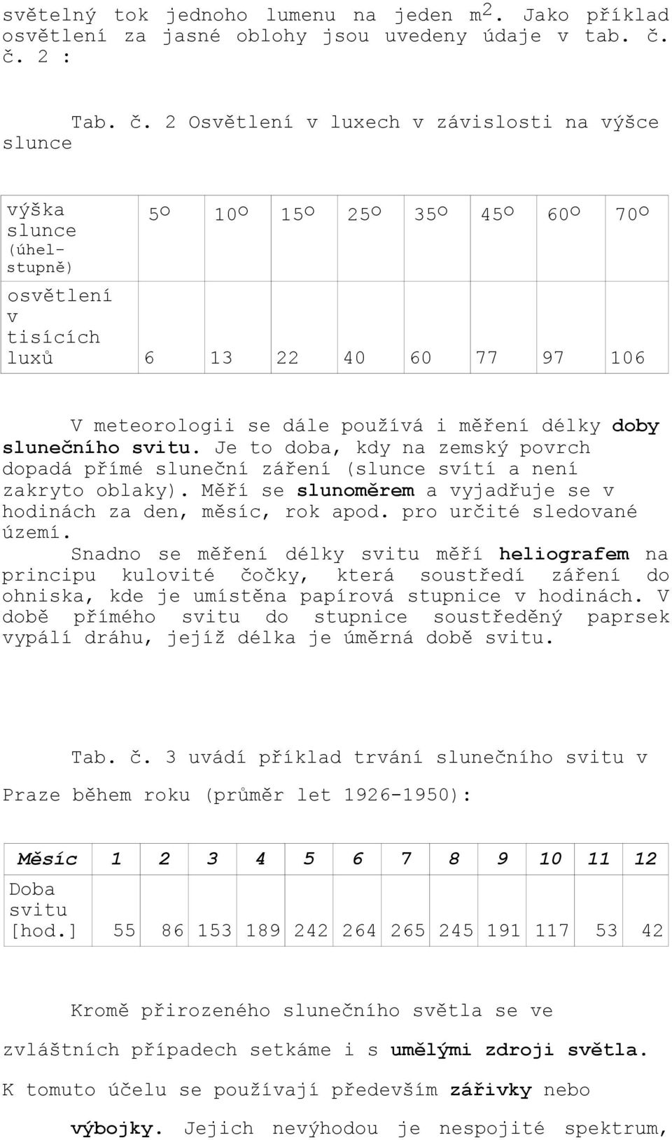 2 Osvětlení v luxech v závislosti na výšce slunce výška slunce (úhelstupně) 5 o 10 o 15 o 25 o 35 o 45 o 60 o 70 o osvětlení v tisících luxů 6 13 22 40 60 77 97 106 V meteorologii se dále používá i