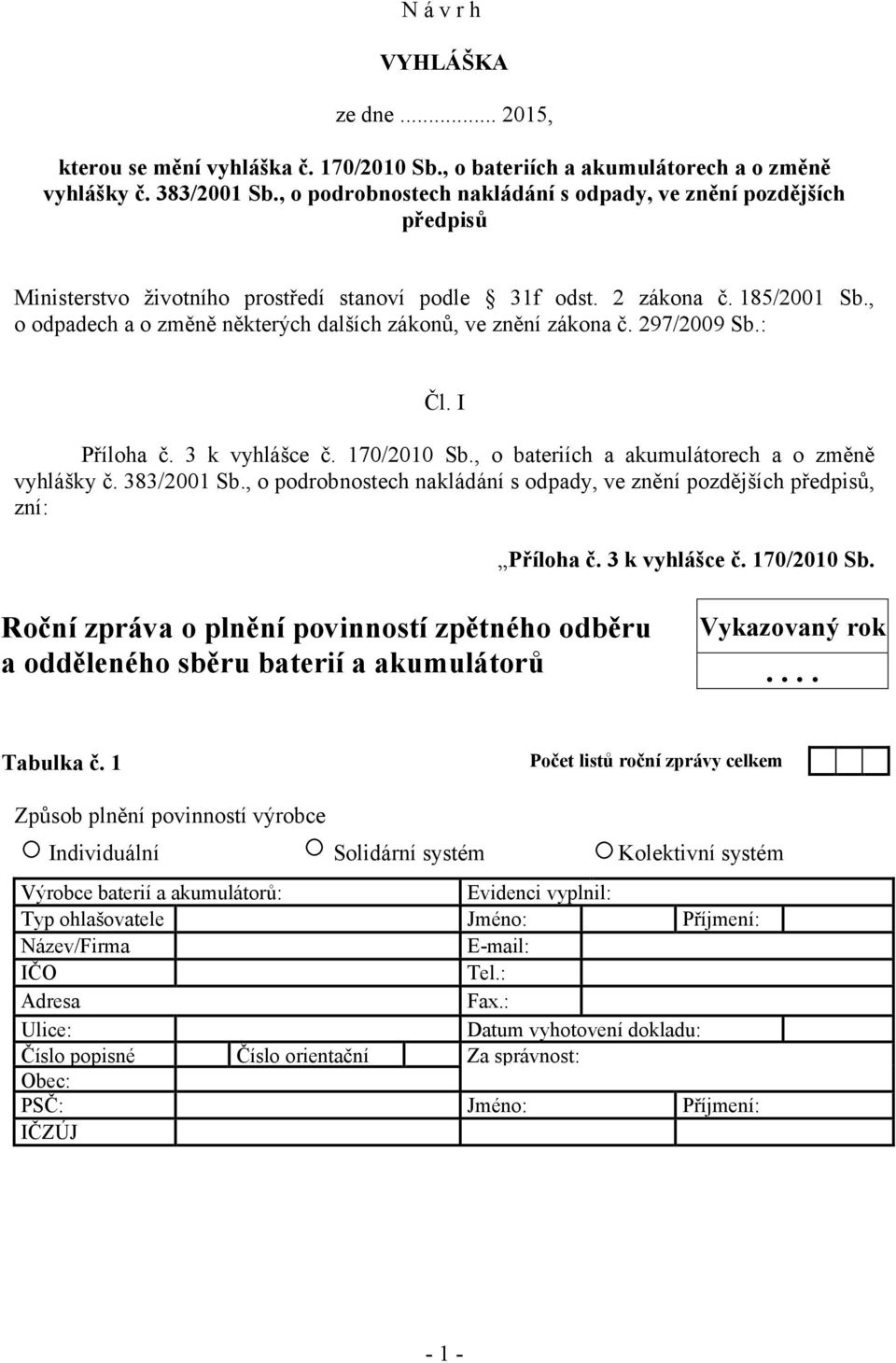 , o odpadech a o změně některých dalších zákonů, ve znění zákona č. 297/2009 Sb.: Čl. I Příloha č. 3 k vyhlášce č. 170/2010 Sb., o bateriích a akumulátorech a o změně vyhlášky č. 383/2001 Sb.