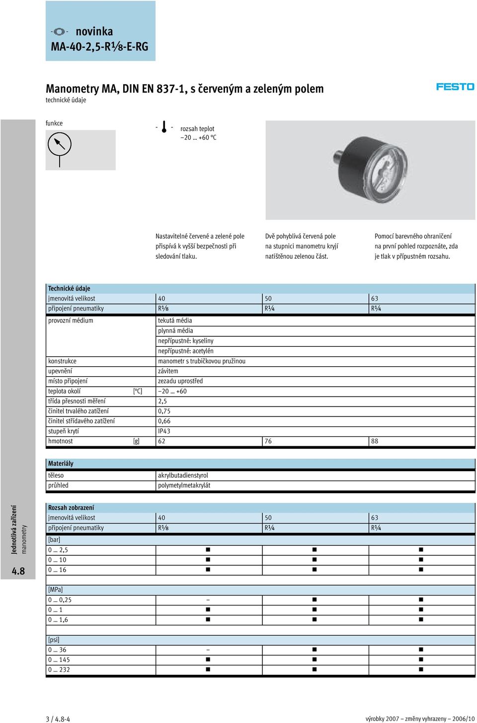 jmenovitá velikost 40 50 63 připojení pneumatiky Rx R¼ R¼ provozní médium konstrukce upevnění místo připojení tekutá média plynná média nepřípustné: kyseliny nepřípustné: acetylén manometr s