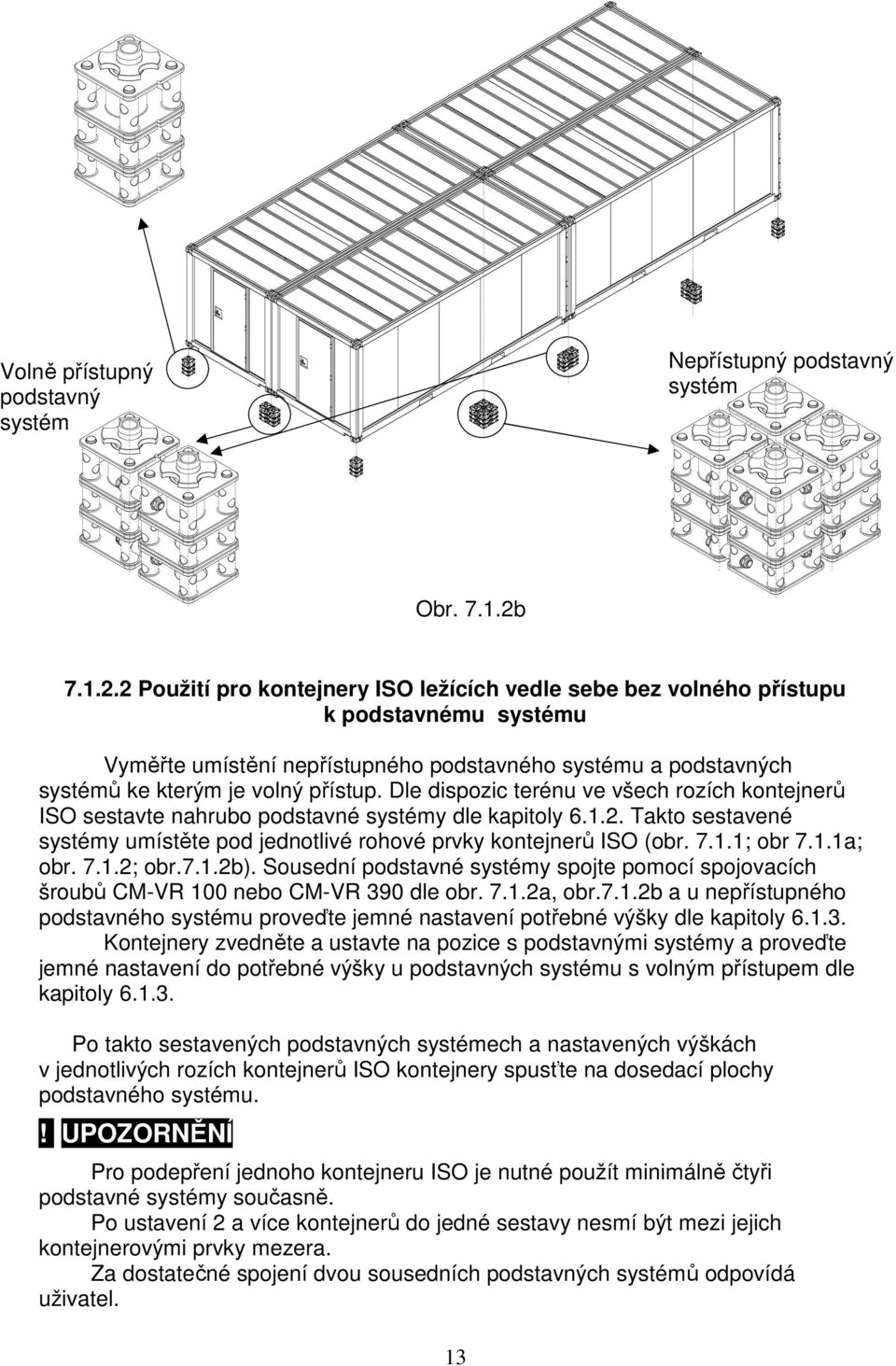 Dle dispozic terénu ve všech rozích kontejnerů ISO sestavte nahrubo podstavné systémy dle kapitoly 6.1.2. Takto sestavené systémy umístěte pod jednotlivé rohové prvky kontejnerů ISO (obr. 7.1.1; obr 7.