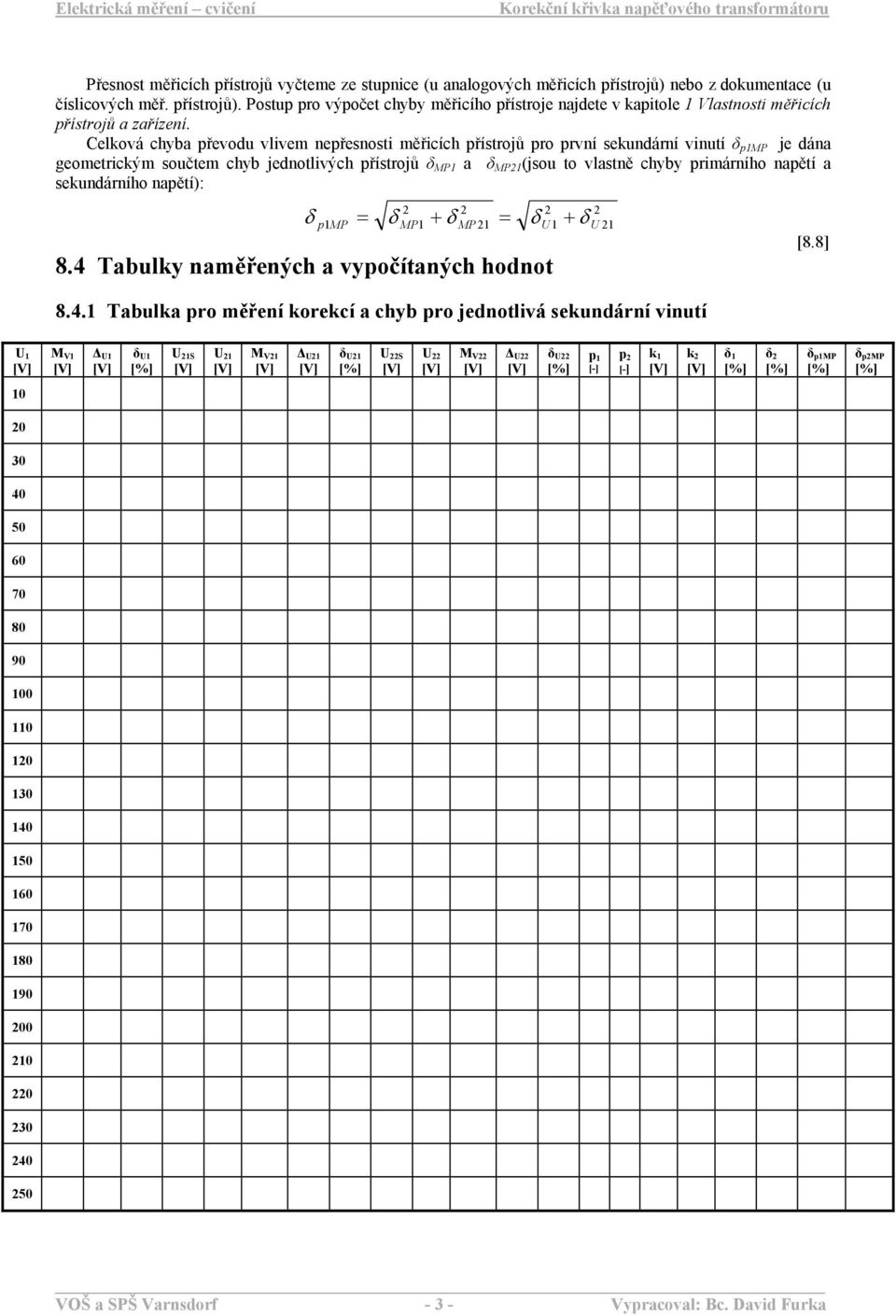 Celková chyba převodu vlivem nepřesnosti měřicích přístrojů pro první sekundární vinutí δ p1mp je dána geometrickým součtem chyb jednotlivých přístrojů δ MP1 a δ MP (jsou to vlastně