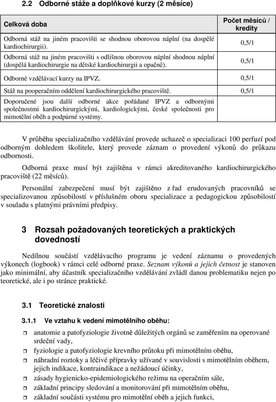Poet msíc / kredity 0,5/1 0,5/1 Odborné vzdělávací kurzy na IPVZ 0,5/1 Stáž na pooperačním oddělení kardiochirurgického pracoviště.