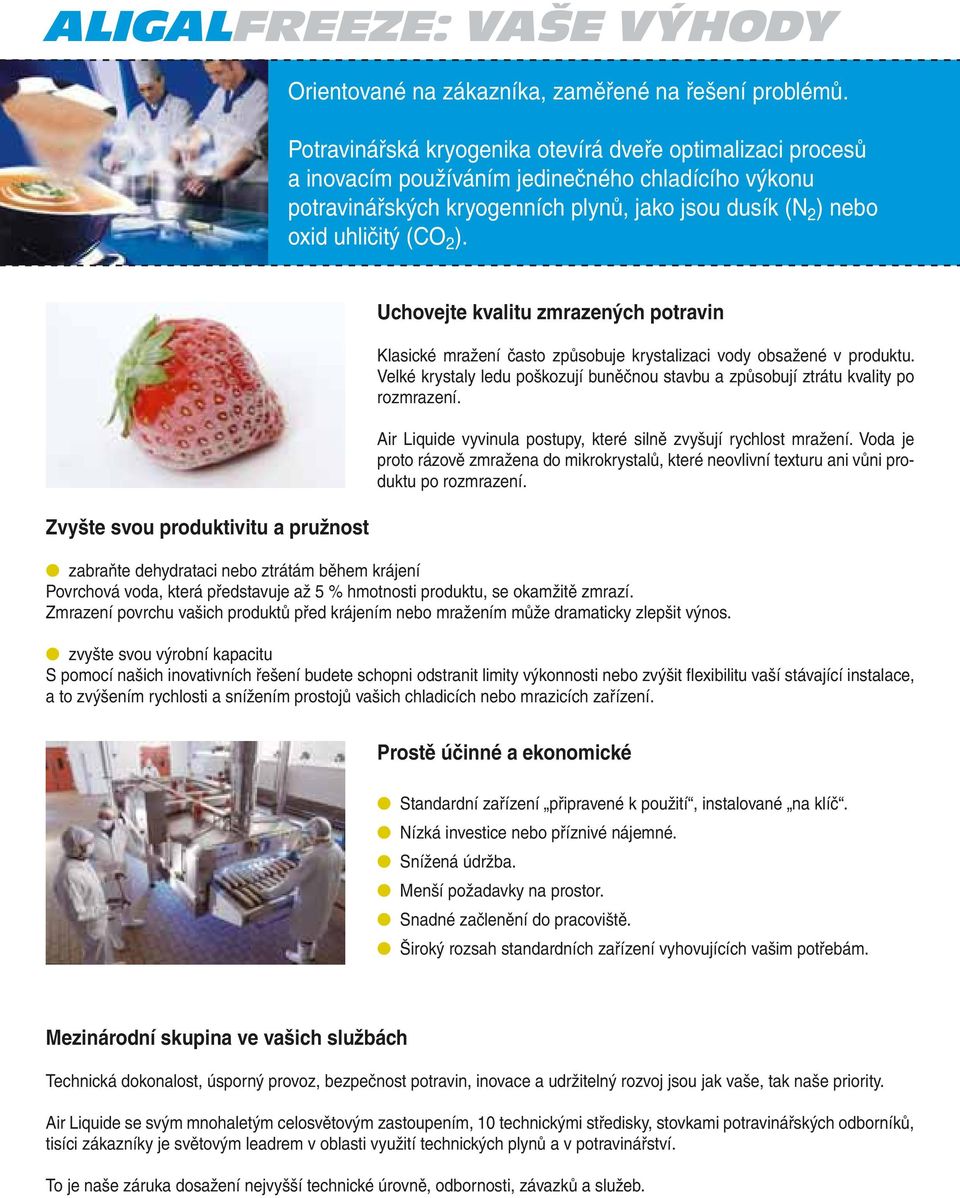 Zvyšte svou produktivitu a pružnost Uchovejte kvalitu zmrazených potravin Klasické mražení často způsobuje krystalizaci vody obsažené v produktu.