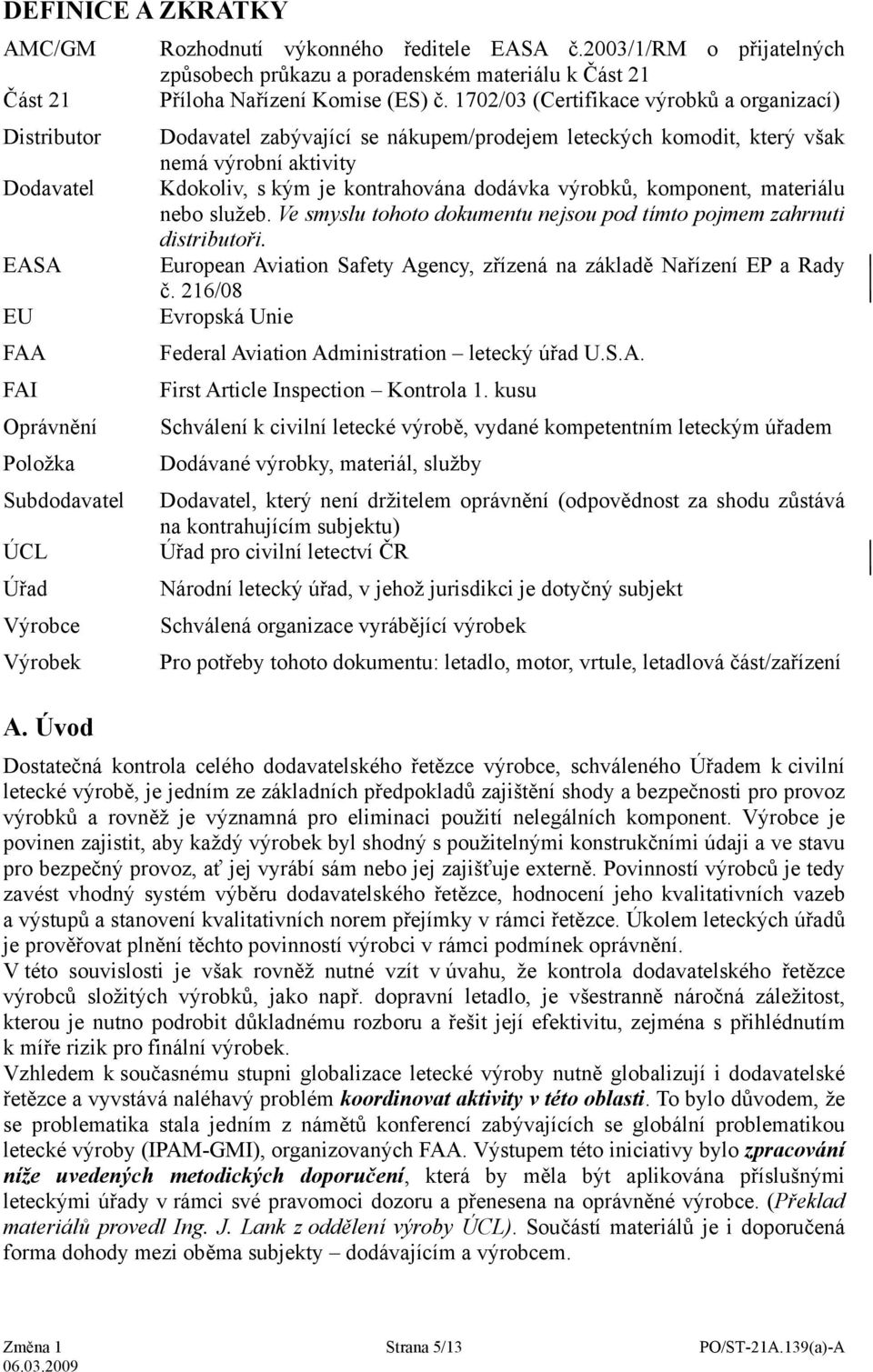 1702/03 (Certifikace výrobků a organizací) Dodavatel zabývající se nákupem/prodejem leteckých komodit, který však nemá výrobní aktivity Kdokoliv, s kým je kontrahována dodávka výrobků, komponent,