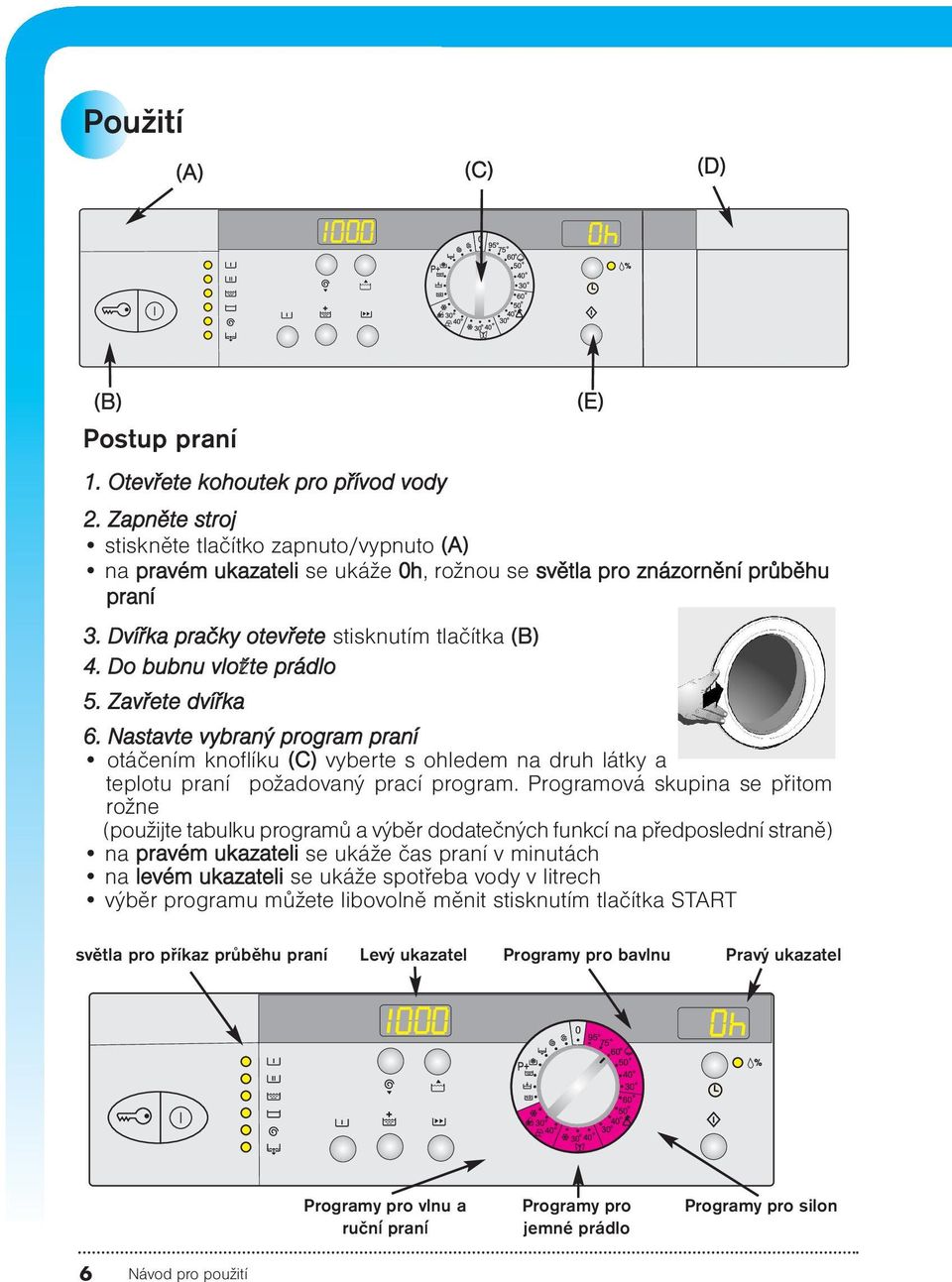 Do bubnu vložťte prádlo 5. Zavřete dvířka 6. Nastavte vybraný program praní otáčením knoflíku (C) vyberte s ohledem na druh látky a teplotu praní požadovaný prací program.