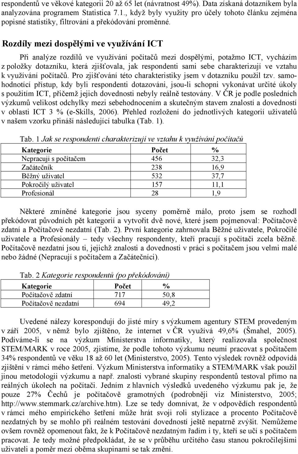 6BRozdíly mezi dospělými ve využívání ICT Při analýze rozdílů ve využívání počítačů mezi dospělými, potažmo ICT, vycházím z položky dotazníku, která zjišťovala, jak respondenti sami sebe