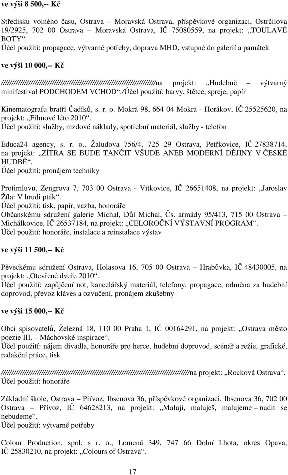 výtvarný minifestival PODCHODEM VCHOD./Účel použití: barvy, štětce, spreje, papír Kinematografu bratří Čadíků, s. r. o. Mokrá 98, 664 04 Mokrá - Horákov, IČ 25525620, na projekt: Filmové léto 2010.