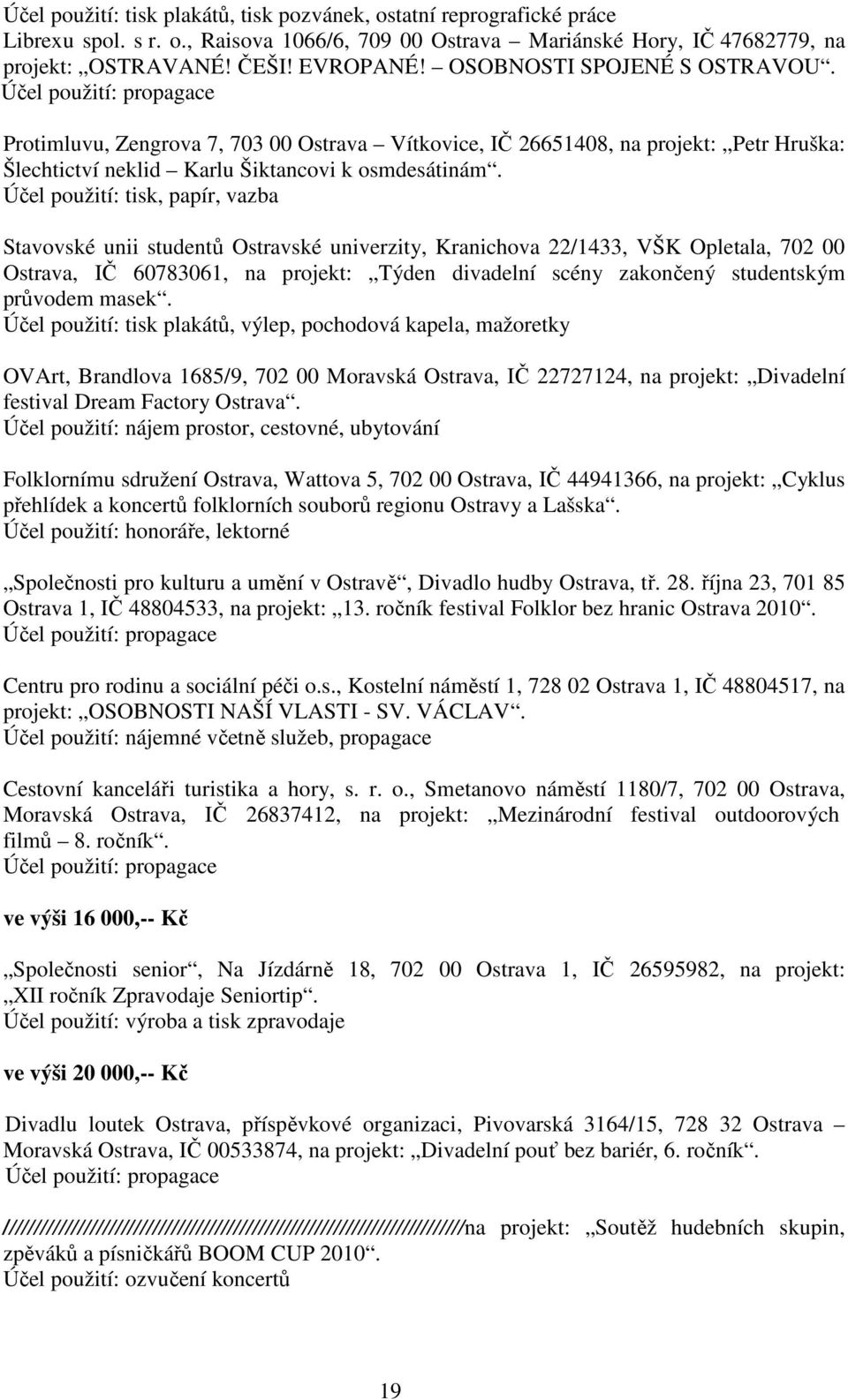 Účel použití: tisk, papír, vazba Stavovské unii studentů Ostravské univerzity, Kranichova 22/1433, VŠK Opletala, 702 00 Ostrava, IČ 60783061, na projekt: Týden divadelní scény zakončený studentským